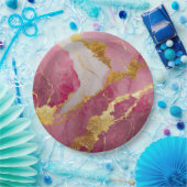 ピンク大理石模様にゴールド ペーパープレート (パーティー)