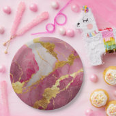 ピンク大理石模様にゴールド ペーパープレート (パーティー)