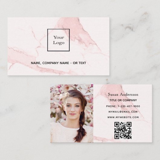 ピンク大理石金ゴールド写真エレガントQRコード 名刺 (正面/裏面)