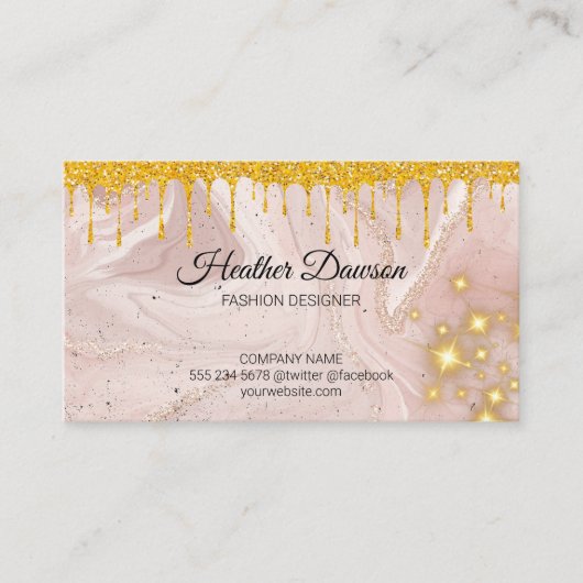 ピンク大理石 |金ゴールドグリッター | Golden Sparkle 名刺 (正面)