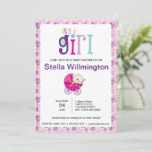 ピンク女の子のベビーキャリッジ水玉模様パターン 招待状 (スタンド正面)
