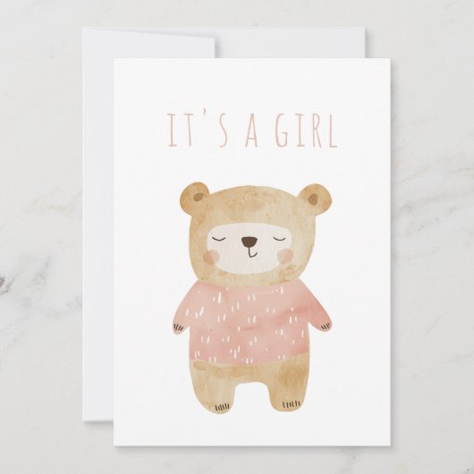 ピンク女の子の水色かわいいクマの赤ちゃんシャワー 招待状 (正面)