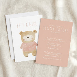 ピンク女の子の水色かわいいクマの赤ちゃんシャワー 招待状