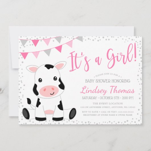 ピンク女の子の牛の赤ちゃんシャワー 招待状 (正面)