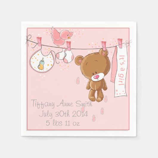 ピンク女の子の赤ちゃんシャワーパーティーナプキン スタンダードカクテルナプキン (正面)