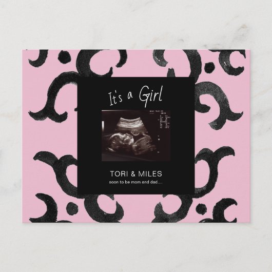 ピンク女の子の超音波写真が到着する予定 案内ポストカード (正面)