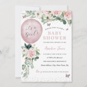 ピンク女の子バルーンバタフライベイビーシャワー 招待状 (正面)