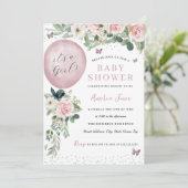 ピンク女の子バルーンバタフライベイビーシャワー 招待状 (スタンド正面)