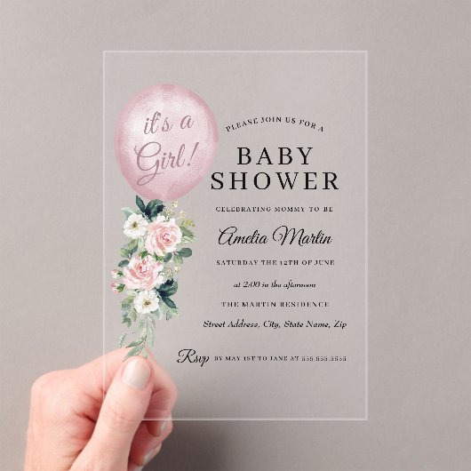 ピンク女の子バルーンベビーシャワー アクリル招待状 (インサイチュ (ポータブル))