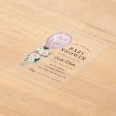 ピンク女の子バルーンベビーシャワー アクリル招待状 (レイダウン)