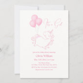 ピンク女の子バルーンユニコーン赤ちゃんシャワー 招待状 (正面)