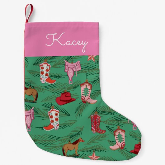 ピンク女性のカーボーイイーハウクリスマスストッキング スモールクリスマスストッキング (正面)