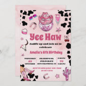 ピンク女性のカーボーイイーハウロデオウエストコケット誕生日 招待状 (正面/裏面)