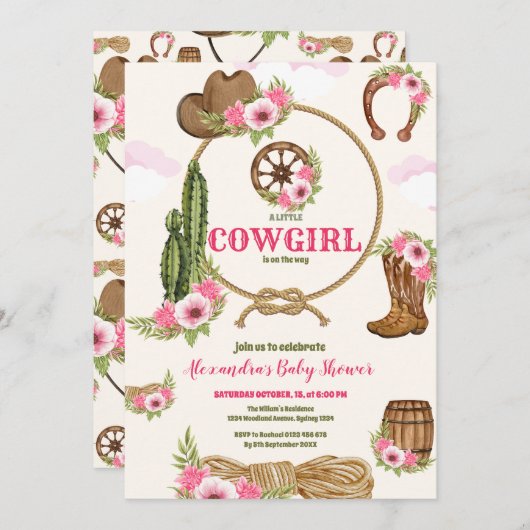 ピンク女性のカーボーイウェスタンベビーシャワー 招待状 (正面/裏面)