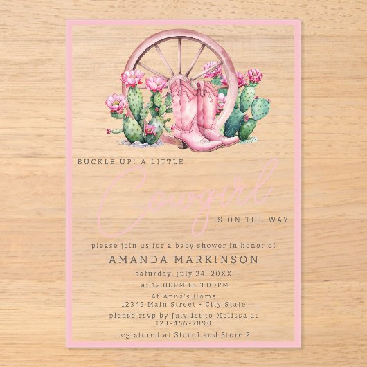 ピンク女性のカーボーイウエスタンサボスベビーシャワー アクリル招待状 (正面)