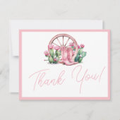 ピンク女性のカーボーイウエスタンサボスベビーシャワー サンキューカード (正面)