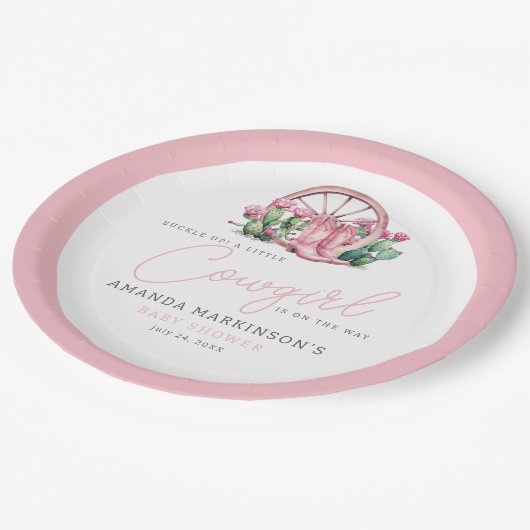 ピンク女性のカーボーイウエスタンサボスベビーシャワー ペーパープレート (アングル)