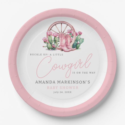 ピンク女性のカーボーイウエスタンサボスベビーシャワー ペーパープレート (正面)