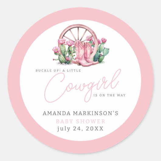 ピンク女性のカーボーイウエスタンサボスベビーシャワー ラウンドシール (正面)
