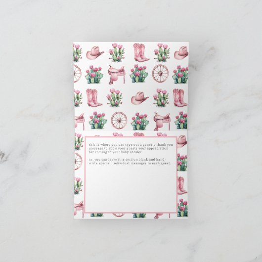 ピンク女性のカーボーイウエスタンサボテン赤ちゃんシャワー折り畳み サンキューカード (内部)