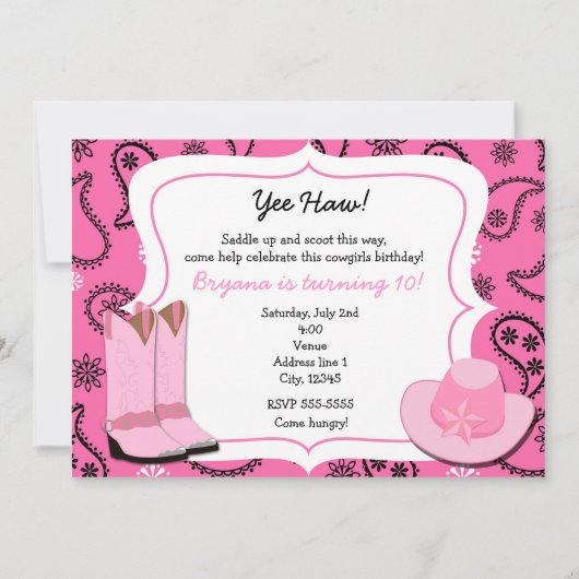 ピンク女性のカーボーイウエスタンバンダナペイズリー招待状 招待状 (正面)