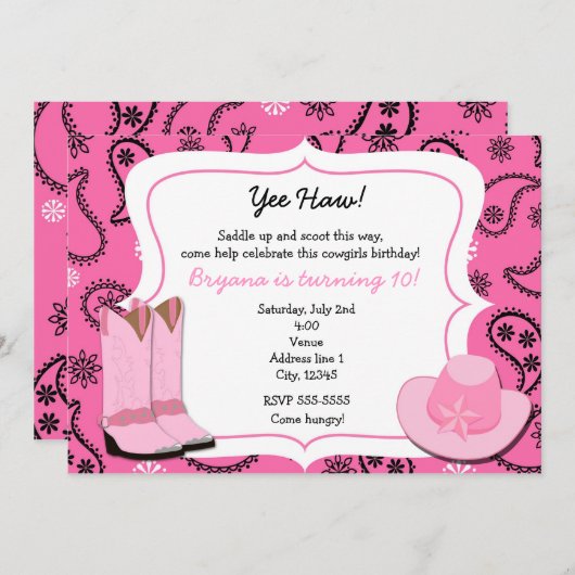 ピンク女性のカーボーイウエスタンバンダナペイズリー招待状 招待状 (正面/裏面)