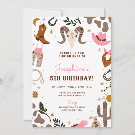 ピンク女性のカーボーイウエスタンロデオ誕生日 招待状 (正面)