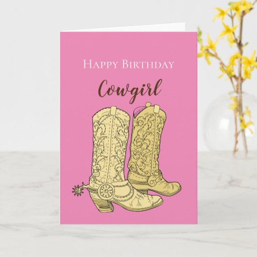 ピンク女性のカーボーイカウボーイブーツ誕生日 カード (黄色い花)