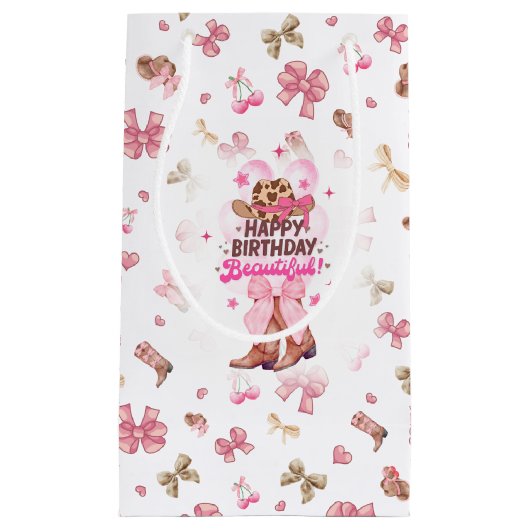 ピンク女性のカーボーイコケットハッピーバースデービューティフル スモールペーパーバッグ (正面)
