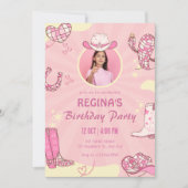 ピンク女性のカーボーイディスコの誕生日 招待状 (正面)