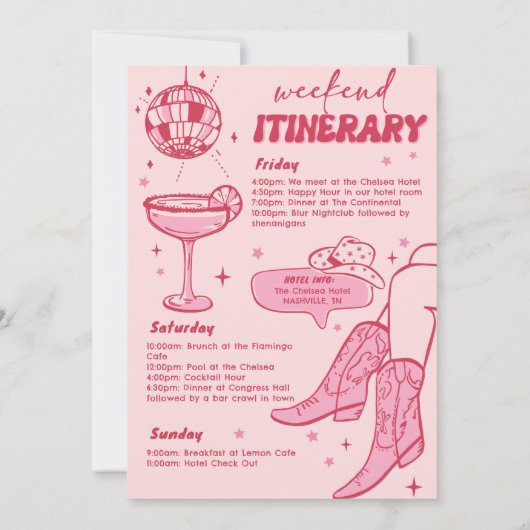 ピンク女性のカーボーイディスコロデオバチェロレッテウィークエンド 招待状 (裏面)