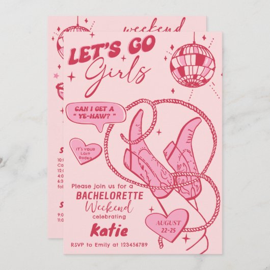 ピンク女性のカーボーイディスコロデオバチェロレッテウィークエンド 招待状 (正面/裏面)