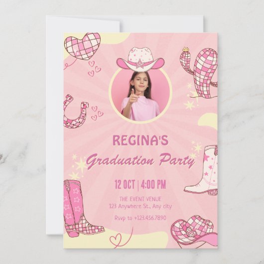 ピンク女性のカーボーイディスコ写真卒業 招待状 (正面)