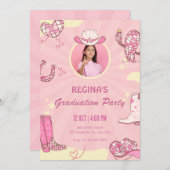 ピンク女性のカーボーイディスコ写真卒業 招待状 (正面/裏面)