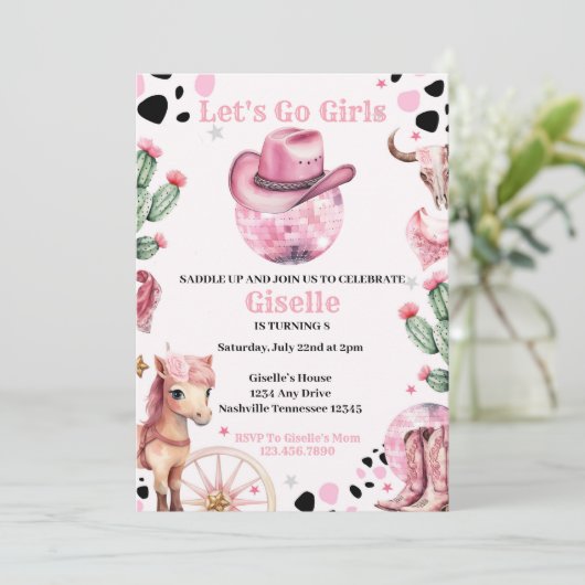 ピンク女性のカーボーイディスコ誕生日 招待状 (スタンド正面)