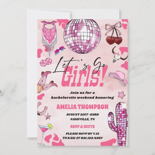 ピンク女性のカーボーイバチェロレッテウエストロデオウィークエンド 招待状 (正面)