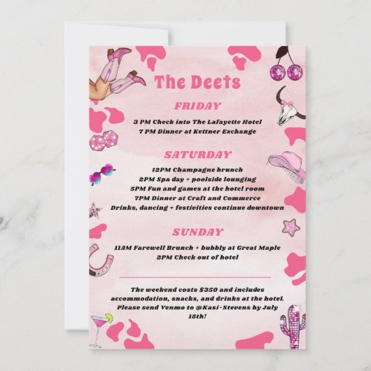 ピンク女性のカーボーイバチェロレッテウエストロデオウィークエンド 招待状 (裏面)