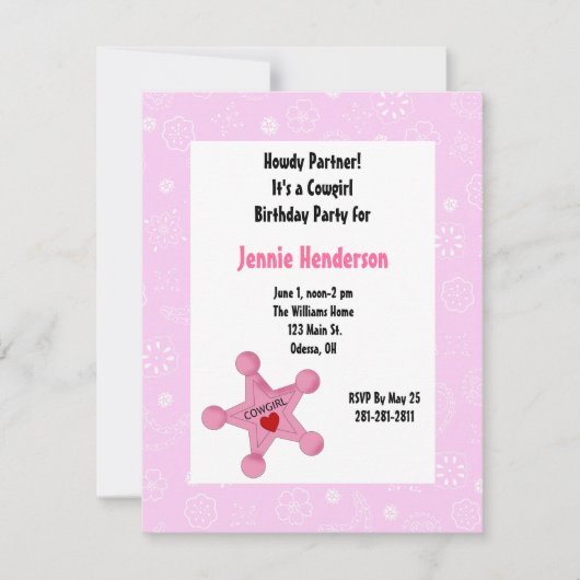 ピンク女性のカーボーイバッジ誕生日招待状 招待状 (正面)