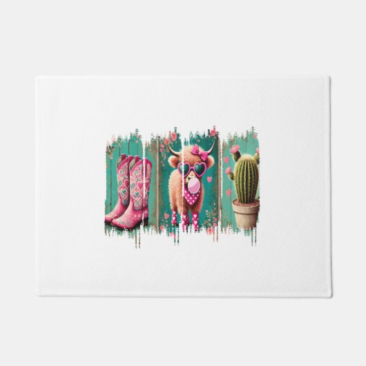 ピンク女性のカーボーイバレンタイン、ハート ドアマット (正面)