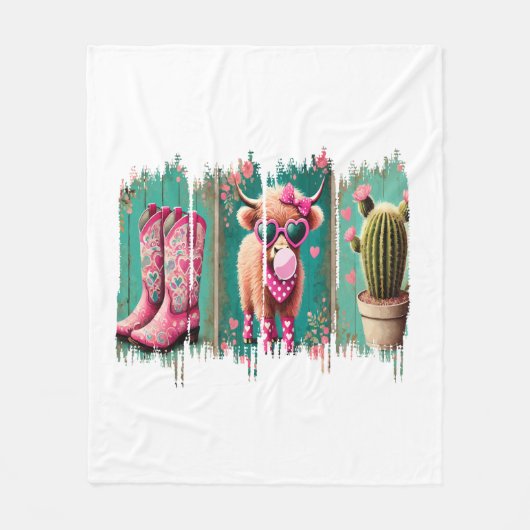 ピンク女性のカーボーイバレンタイン、ハート フリースブランケット (正面)