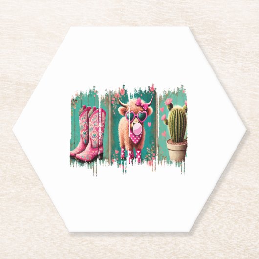 ピンク女性のカーボーイバレンタイン、ハート ペーパーコースター (正面)