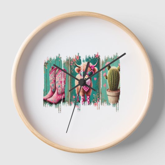 ピンク女性のカーボーイバレンタイン、ハート 壁時計 (正面)