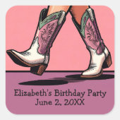 ピンク女性のカーボーイブーツウェスタンガールバースデーパーティー スクエアシール (正面)