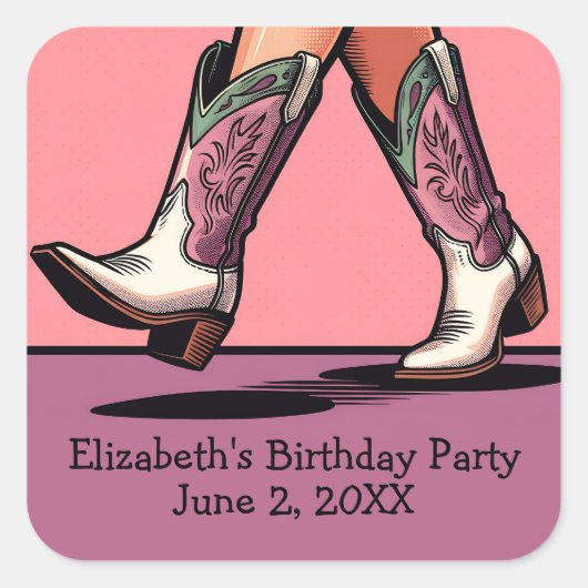 ピンク女性のカーボーイブーツウェスタンガールバースデーパーティー スクエアシール (正面)