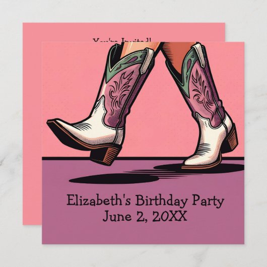 ピンク女性のカーボーイブーツウェスタンガールバースデーパーティー 招待状 (正面/裏面)