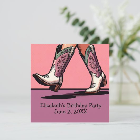 ピンク女性のカーボーイブーツウェスタンガールバースデーパーティー 招待状 (スタンド正面)
