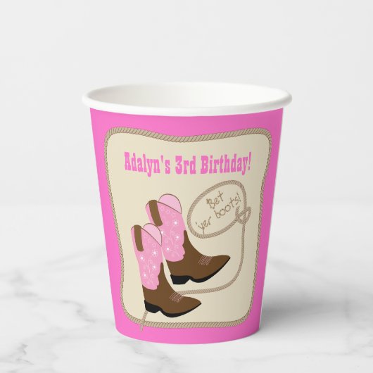 ピンク女性のカーボーイブーツウェスタンバースデーパーティー紙クー 紙コップ (裏面)