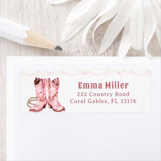 ピンク女性のカーボーイブーツウェスタン差出人住所ステッカー ラベル (インサイチュ)