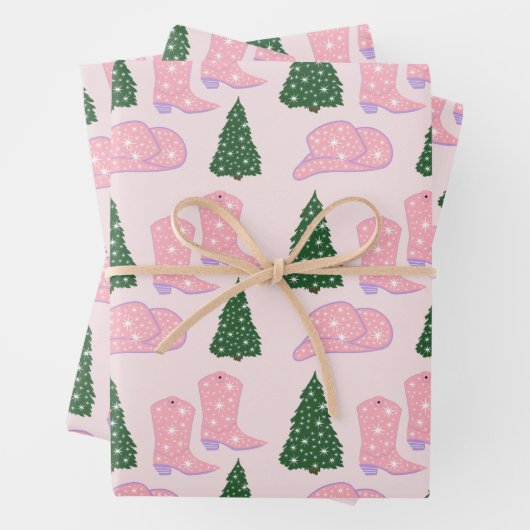 ピンク女性のカーボーイブーツハットクリスマスツリー ラッピングペーパーシート (インサイチュ)