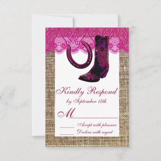 ピンク女性のカーボーイブーツホースシューバーラップレースRSVP 出欠カード (正面)